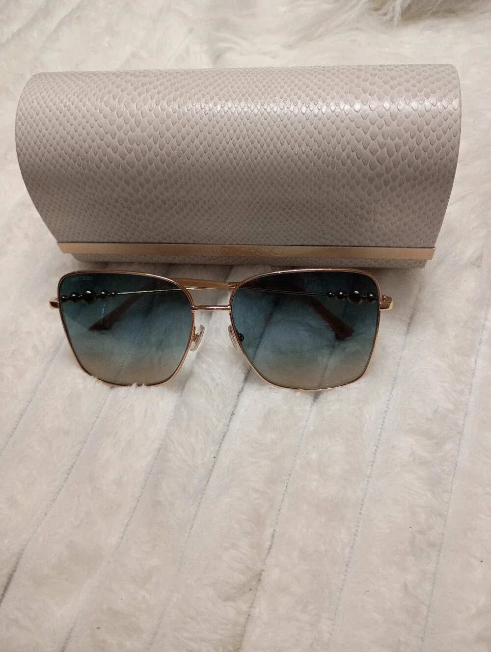 Jimmy Choo Hester Gold Frame Sunglasses with Blue Gradient Lenses & JC Hard Case